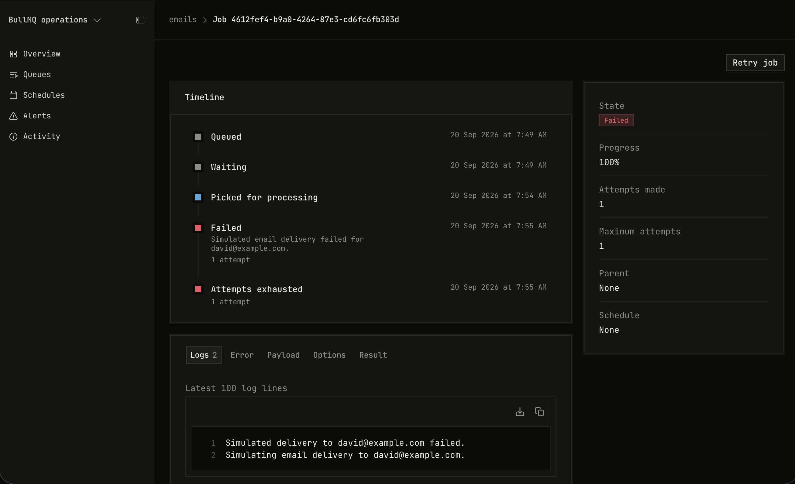 The page of a failed job with a timeline, tabs for logs, error, payload, options, and result, and a list of properties.