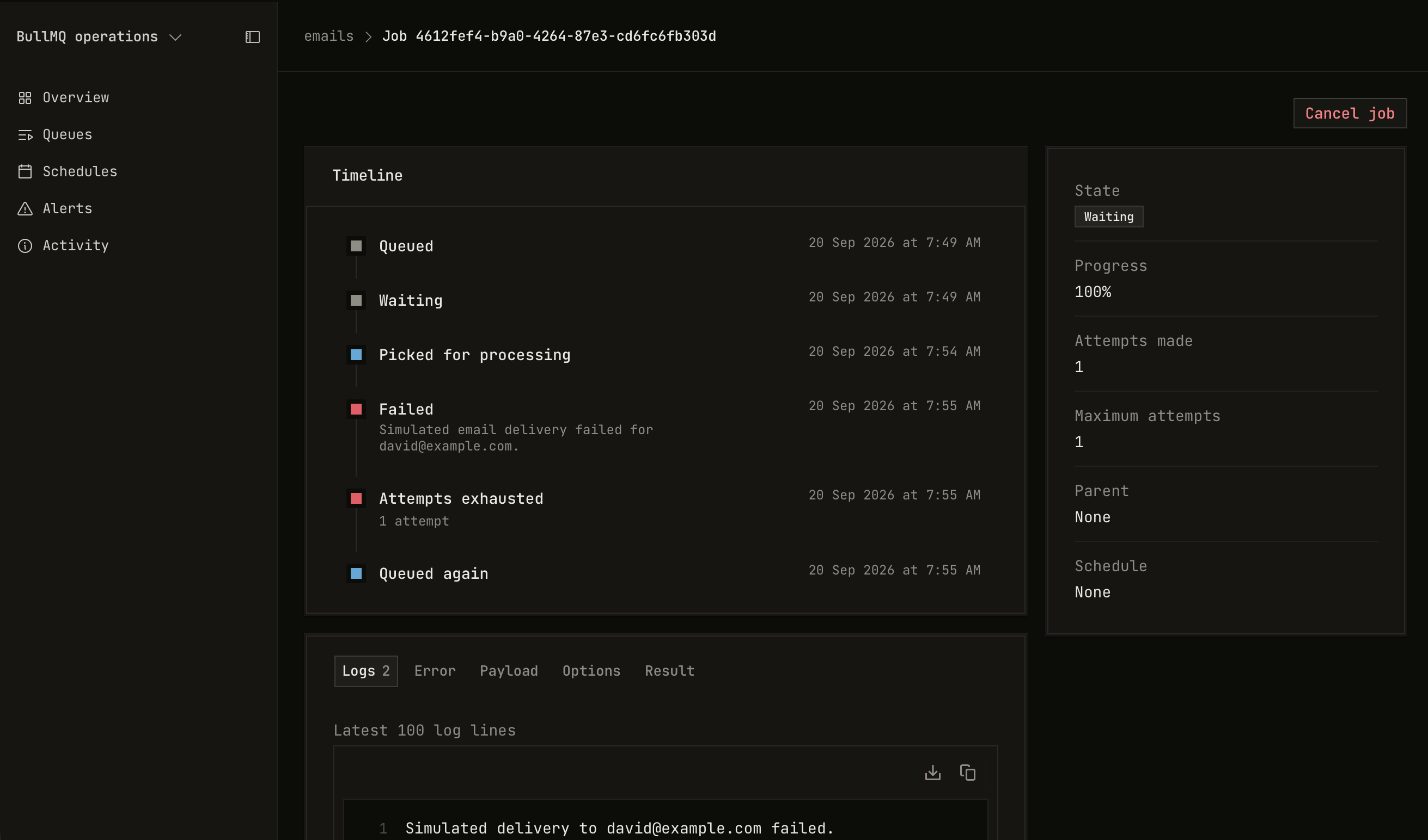 The same job after a retry. The state is waiting, the timeline has a new event, and the button is now "Cancel job".